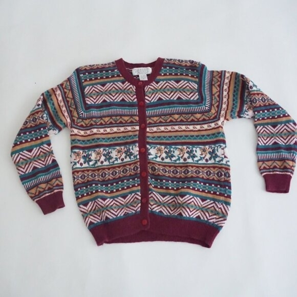 Multicolor Patterned Cardigan Sweater - Burgundy Trim